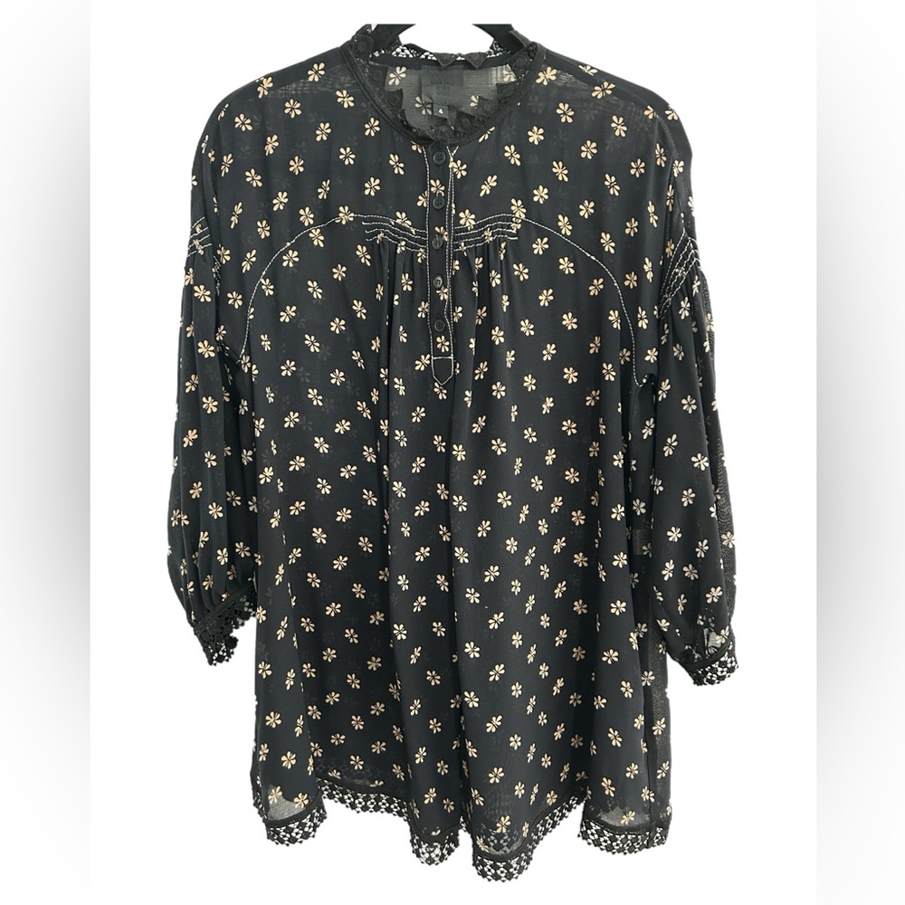 ANNA SUI Tunic Blouse Black with Cream Flowers and Lace Trim